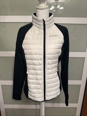 Eddie Bauer White Front Black Sleeve Quilted Hybrid Jacket